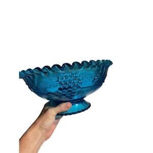 Vintage Depression blue glass fruit/candy bowl. Ruffle Edging. Grapes/leaves.10"